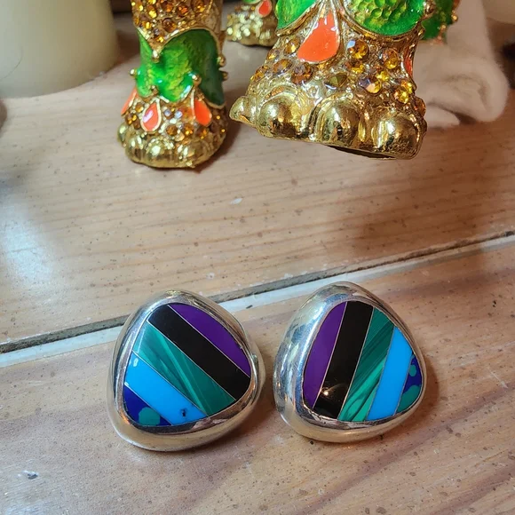 Silver and Multicolor Geometric Earrings - Picture 3 of 4